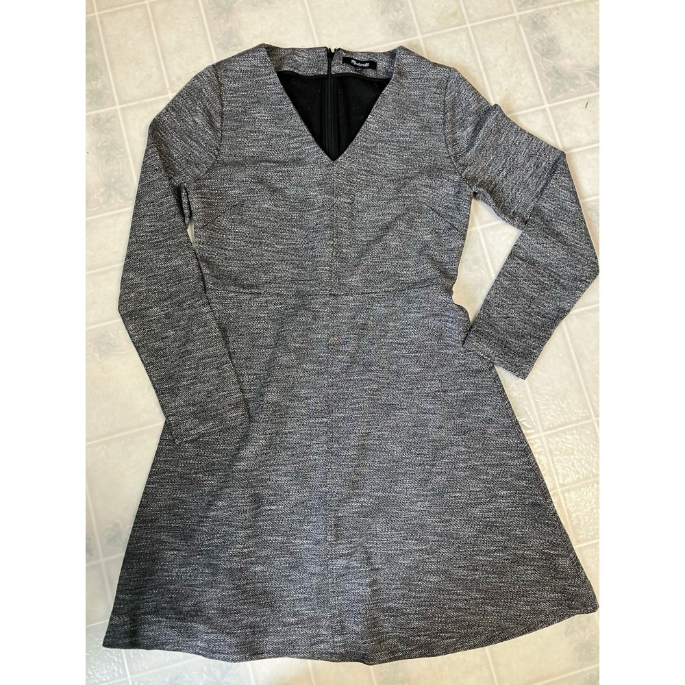 MADEWELL Sz 6 Heathered Gray Bridgewalk‎ V-Neck Long Sleeve Stretch A-Line Dress